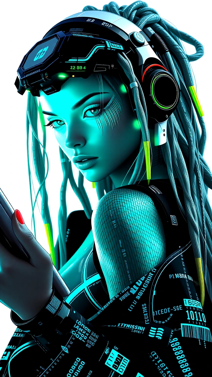 cyberpunk fashion portrait, brilliant hacker seductress, confident three-quarter pose with data-slate, silver-tech dreadlocks with neon-lime LED tips and data-jack ports. neon-lime/black graphic eyeshadow, sharp grid-pattern liner, piercing silver ey