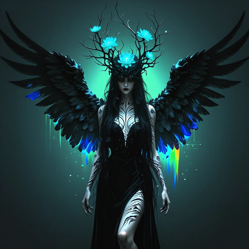# Ethereal Darkness A haunting figure stands shrouded in shadow, long black hair cascading like tendrils of night. Massive raven wings spread dramatic