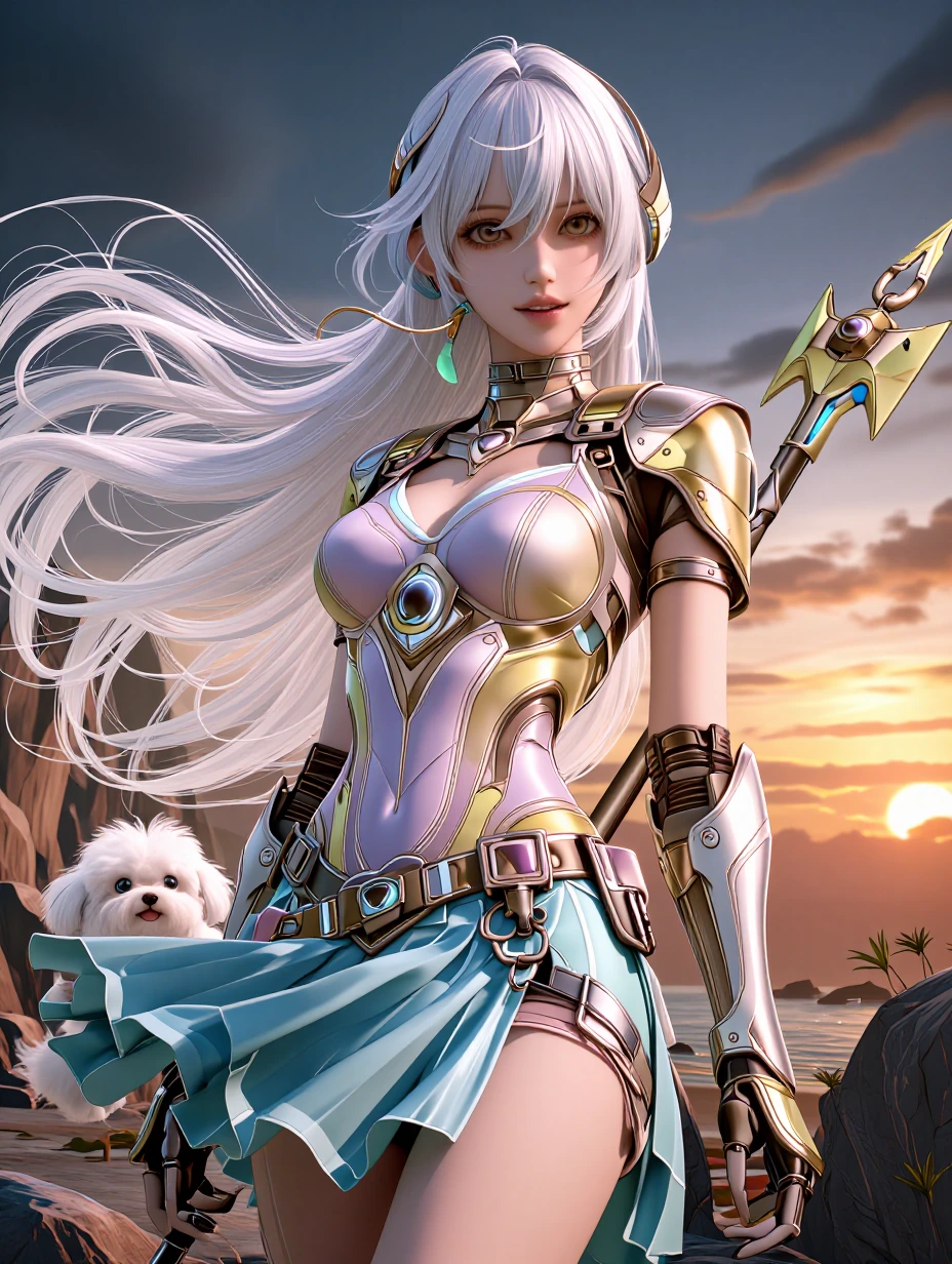 woman long flowing platinum ombre hair with her Maltese and a mech, wearing a lavender pink yellow seafoam green color block minidress, at sunrise, 3d airbrushed manga inspired
