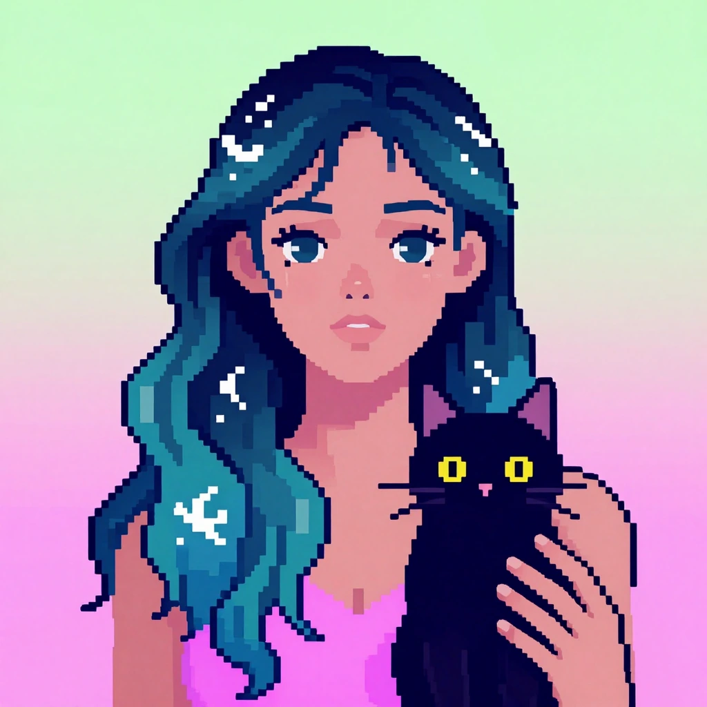 Beautiful woman with hair made out of ocean waves, with a cat