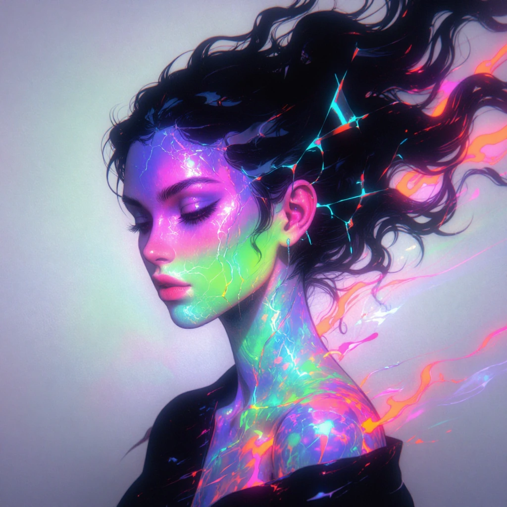 Woman dissolving into chromatic aberration—fractured red and cyan edges splitting her form. Iridescent oil-slick colors bleed across her face: magenta to violet to acid green. Bioluminescent cracks web through her silhouette in electric cyan. Prismat