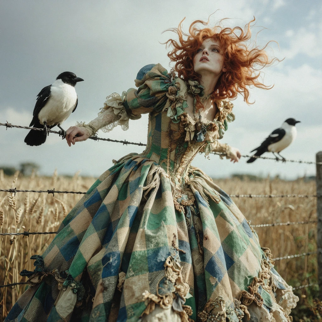 Extrême close up on a surrealist haute couture photograph taken in a studio, depicting a pale-skinned woman with voluminous auburn curls tousled by th