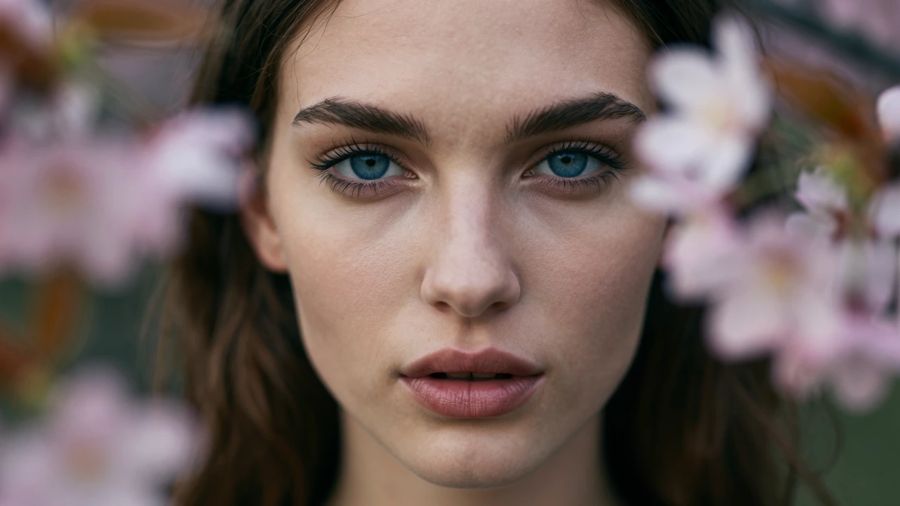 Create an 8K, Ultra-HD, Hyper-detailed, Photorealistic portrait. Young woman, natural skin, subtle makeup, (masterpiece), best quality, expressive eyes, perfect face, sexy lady face with blue eyes. blossom flowers around her,