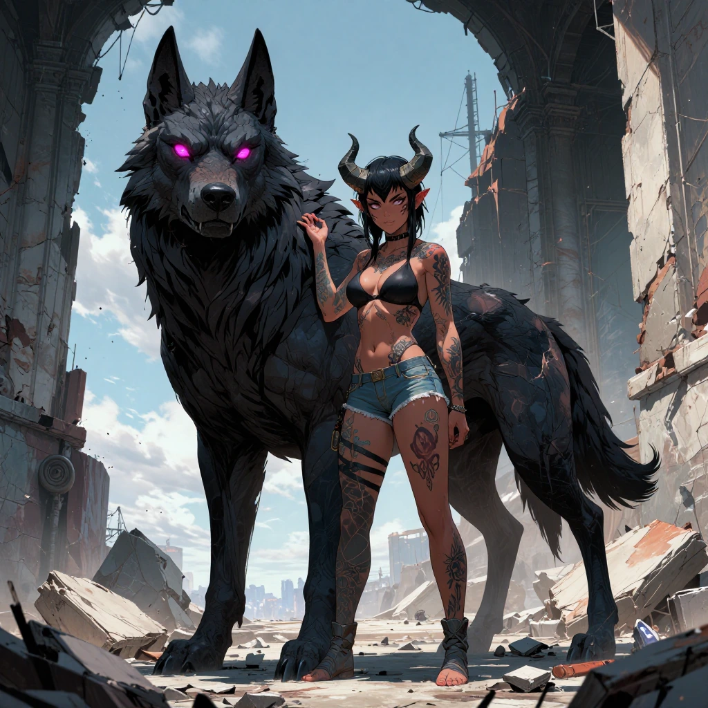 a bare-armed woman with oni horns and glowing pink eyes stands in an old ruined city, her skin marke…