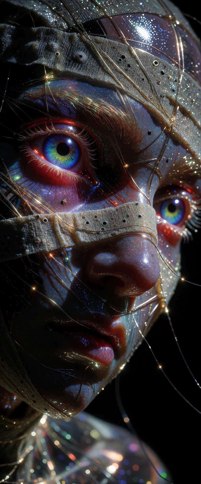 A semi-translucent, ethereal figure in a dark, surreal, dreamlike void. Details: - The figure has a hauntingly beautiful face wrapped in faint bandages that pulsate and glow. - Incorporate luminous, shimmering threads that symbolize both constraint a