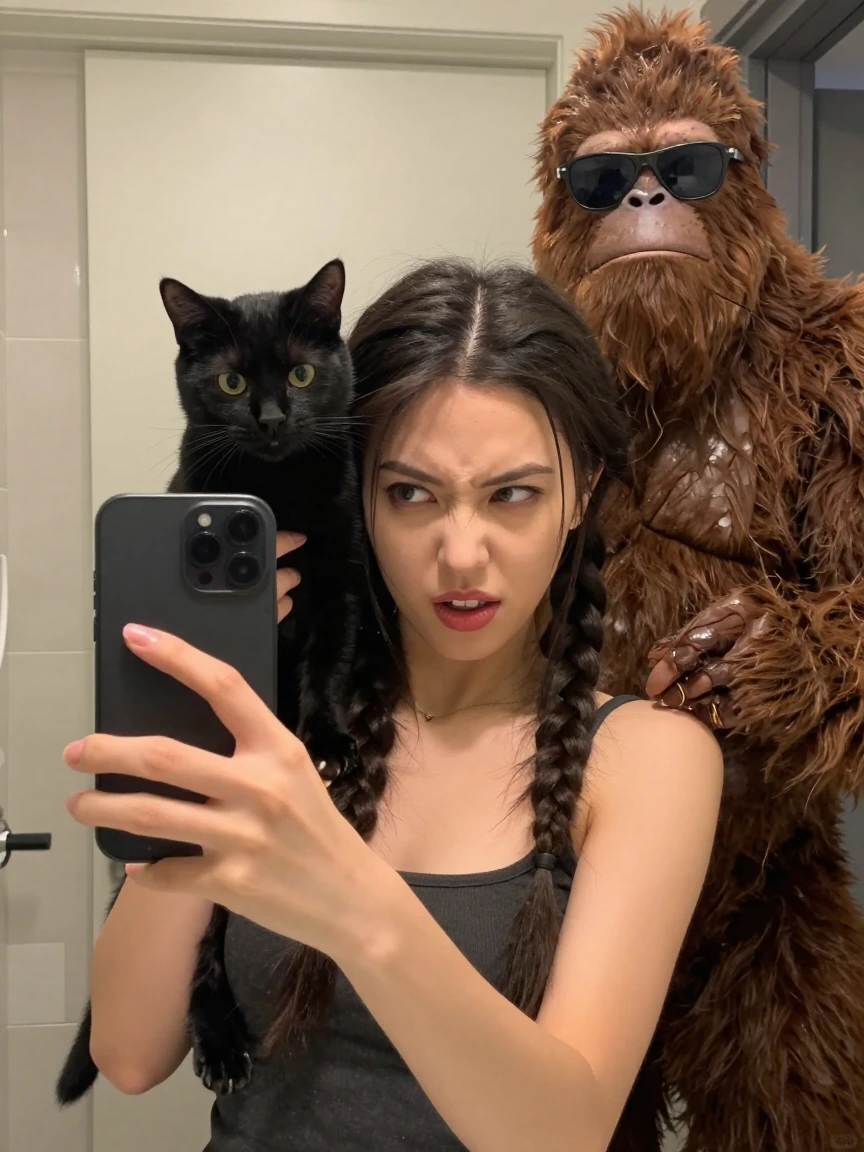 A realistic but slightly absurd scene of a crazy girlfriend a brunette with twin long braids with her black cat taking a selfie in a bathroom mirror, 