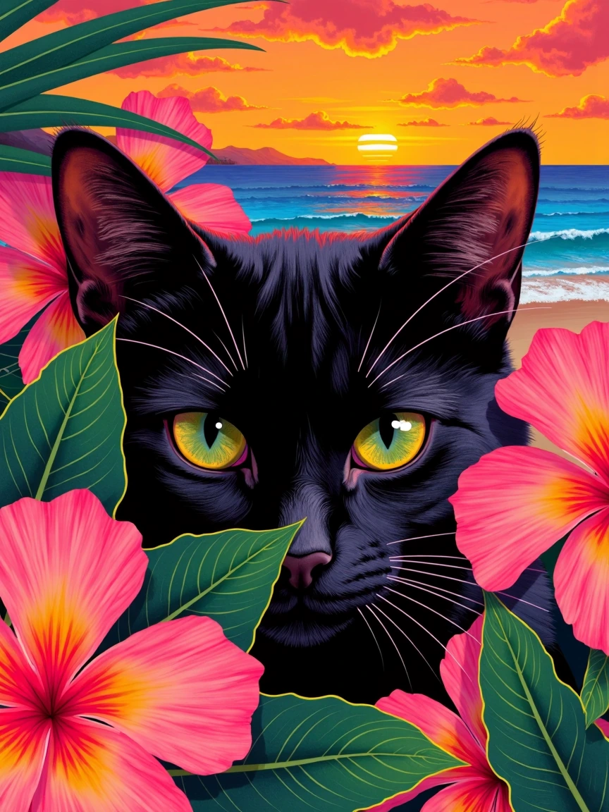 Flat illustration, bright color, black cat close-up, hiding behind tropical flowers. We see the face out ocean seem behind, but keep the cat close-up.