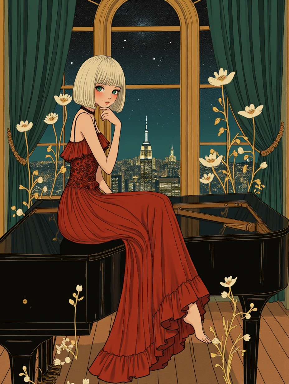 The angle is slightly from above. Close-up. Cinematic high-angle elegant anime masterpiece, beautiful young woman with short silky platinum-white bob 