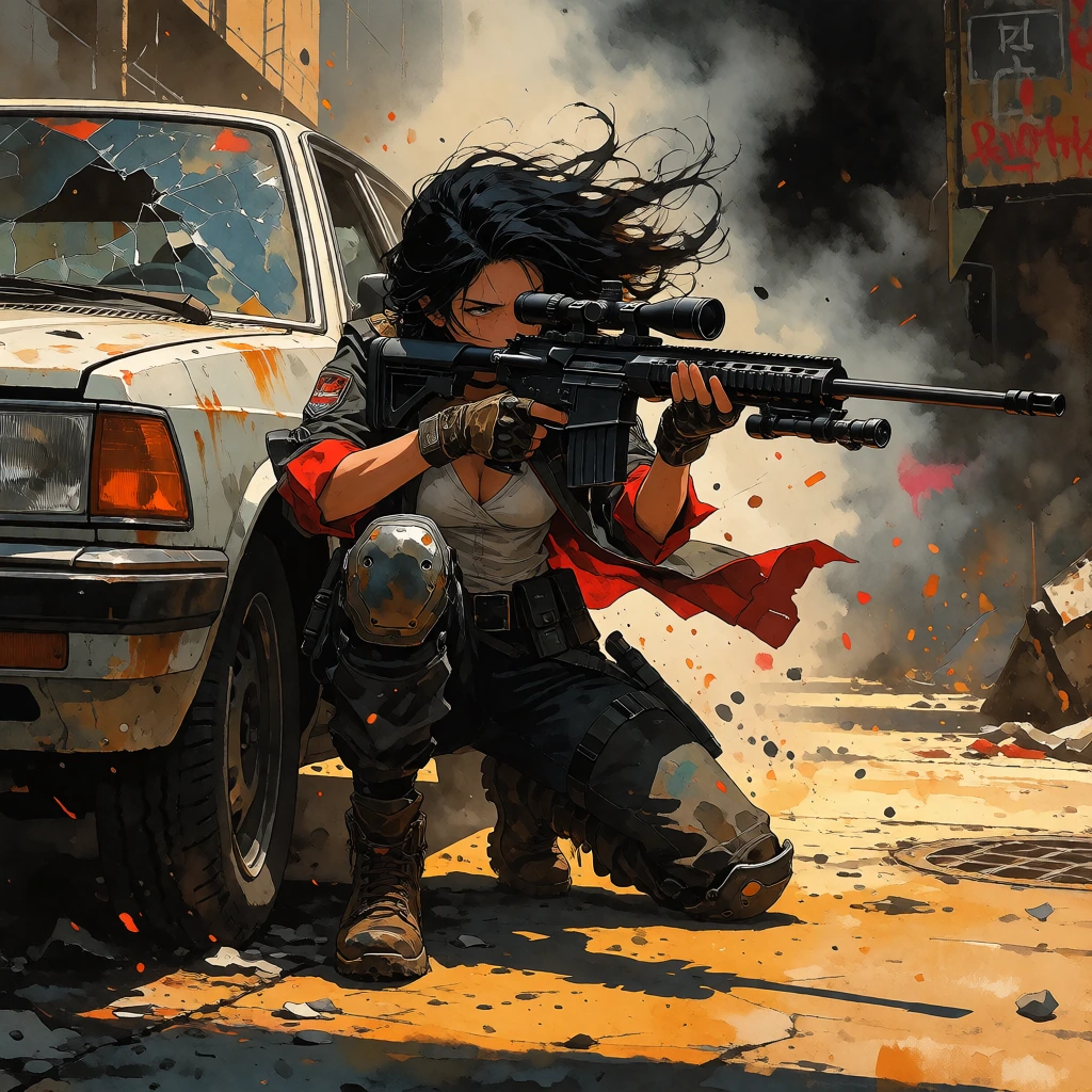 Bradhamel art style. In this high-octane cinematic frame, a fierce female sniper, her dark hair whipping like storm-tossed silk, is captured mid-actio