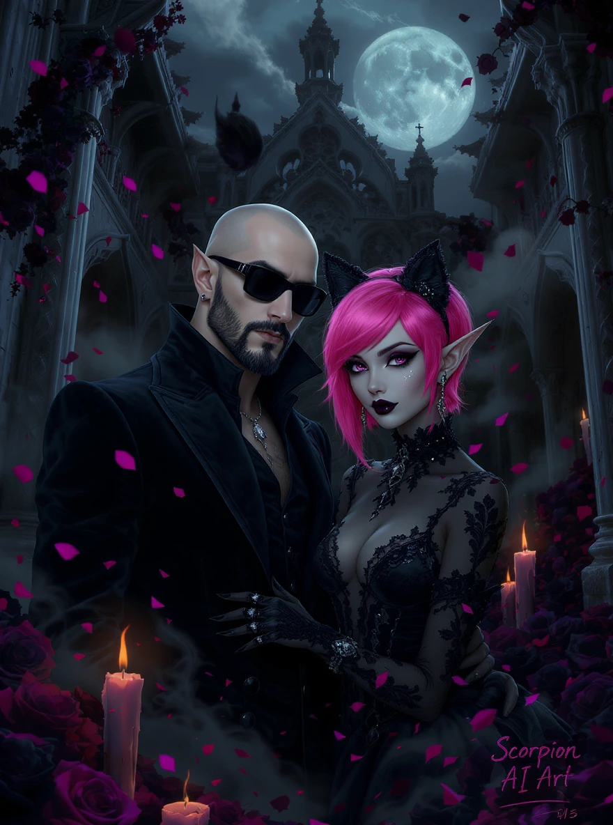 A bald man with a trimmed beard and dark sunglasses stands beside a striking elven woman with a vibrant pink pixie cut, both styled in an elegant gothic dark fantasy aesthetic. The elven woman wears black lace, velvet textures, silver jewelry, and su