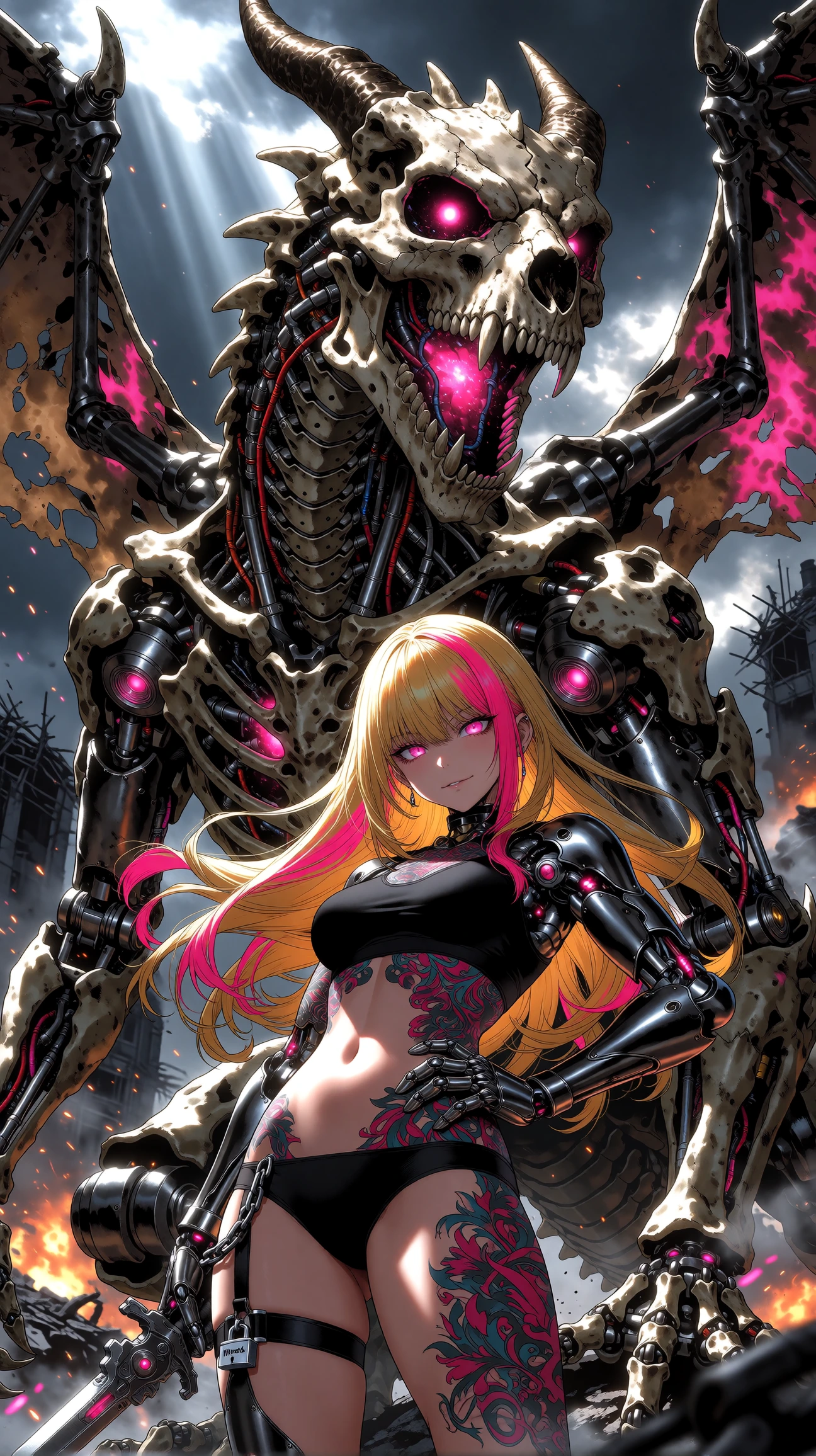 Masterpiece, best quality, ultradetailed digital illustration, highly polished rendering, cinematic lighting, sharp clean lines, beautiful stylized proportions. Trouble Chaos as a cyborg warrior standing before a colossal cyborg skull dragon. Long bl