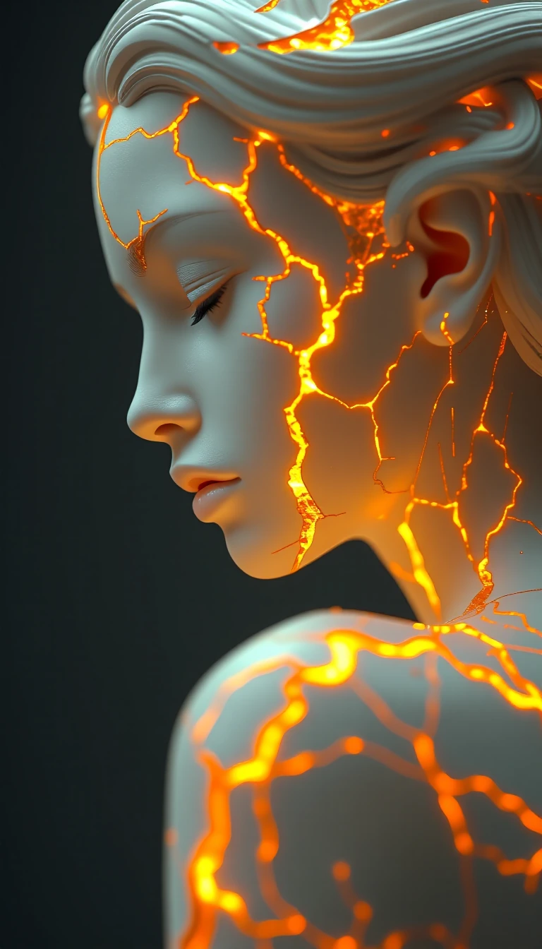 An ultra-high-resolution, macro-detail portrait of a feminine figure who appears to be an exquisitely crafted, life-sized sculpture made of pristine, translucent white porcelain. The porcelain has the texture of fine, matte bone china, with a delicat