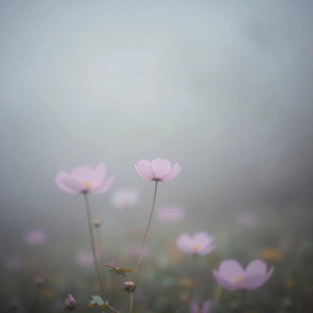 ethereal, soft focus, dreamlike atmosphere, delicate light filtering through morning mist, muted pastel tones, painterly texture, serene and quiet mood
