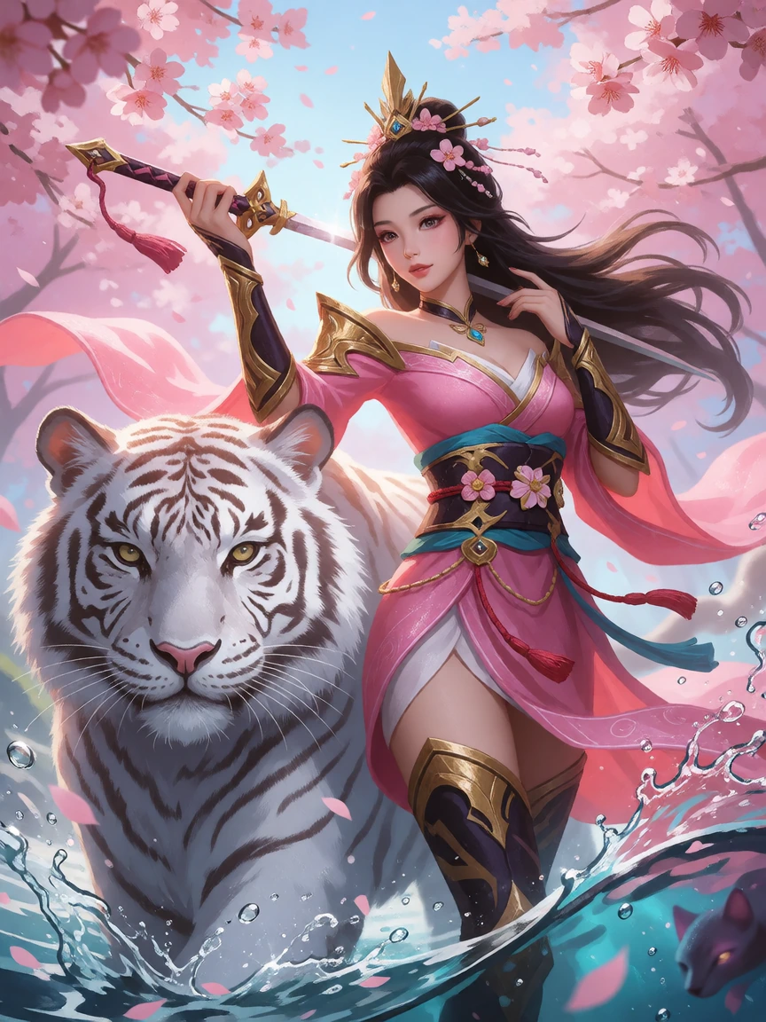Beautiful Cherry blossom warrior with a white tiger, water surreal