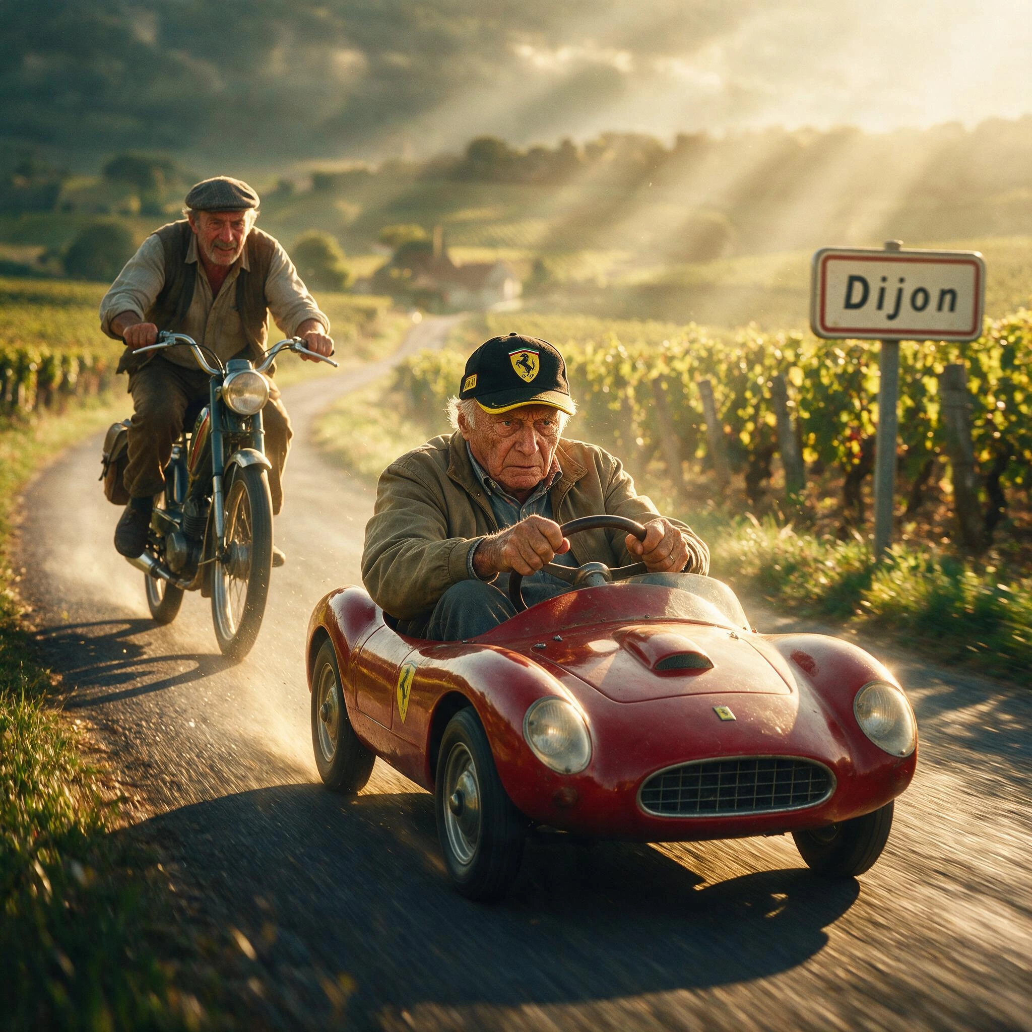 A hyper-realistic cinematic shot of an elderly gentleman – perhaps a former racing driver – sitting in a vintage red Ferrari pedal car, driving along a country road through the Burgundy vineyards. The ‘Dijon’ sign. He is wearing a classic black and y