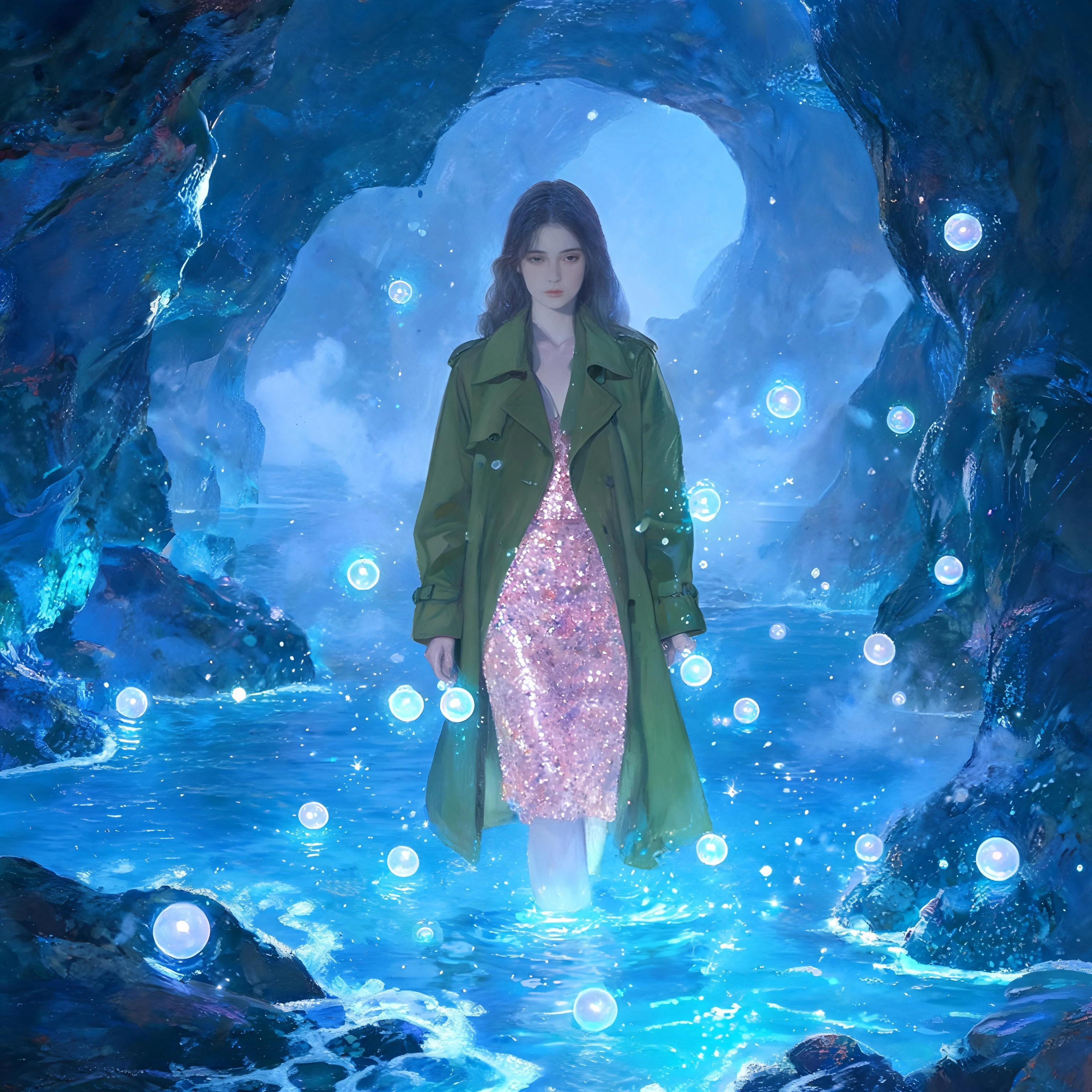 A surreal digital-oil portrait of a woman in an olive trench coat and blush pink sequined skirt standing inside a glowing sea cave lit by bioluminesce