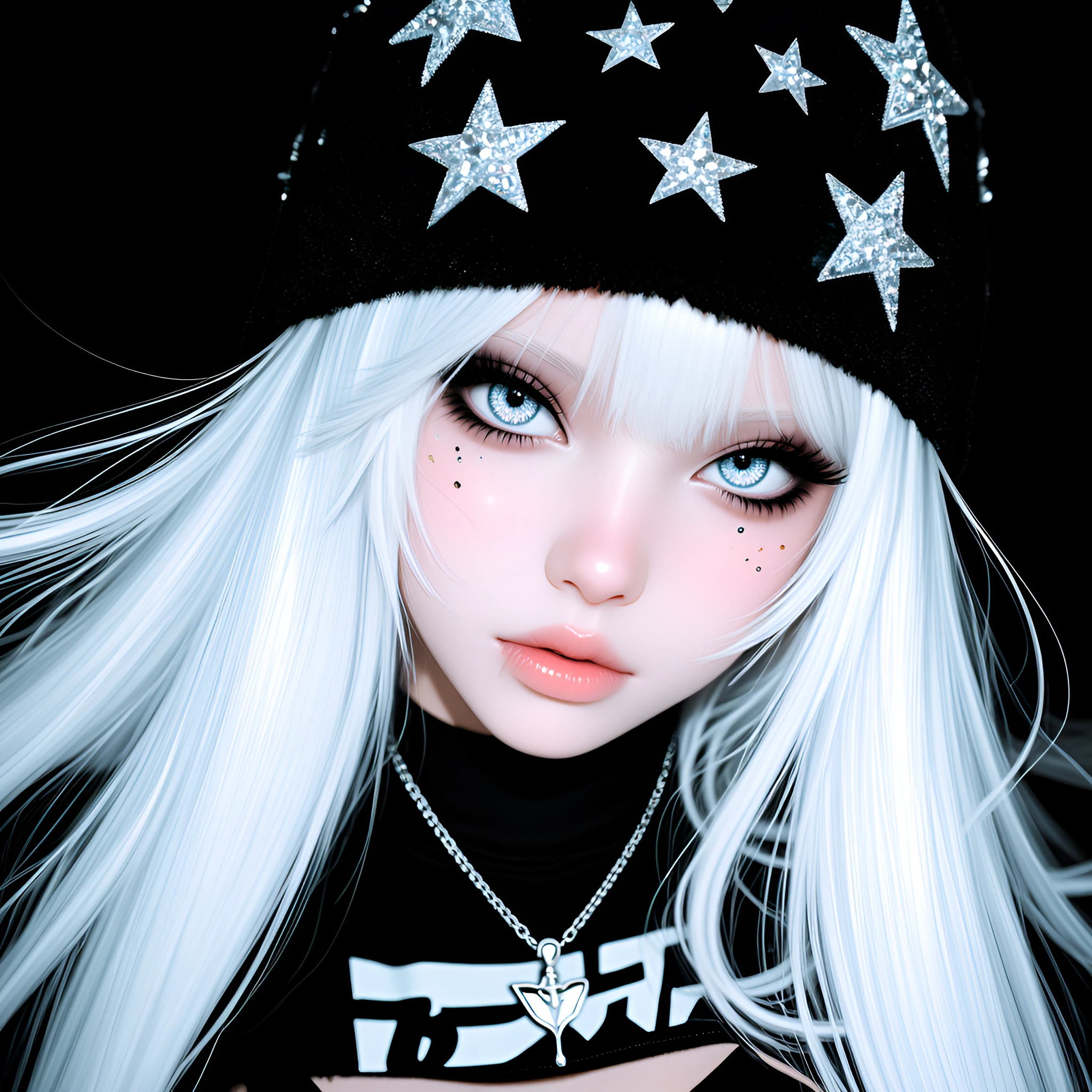 A striking portrait of a girl with a monochromatic alt-fashion aesthetic. She has long, flowing white hair and a plush black fur hat with shimmering rhinestone stars. Her eyes are framed by bold, architectural black eyeliner and thick lashes. The sce