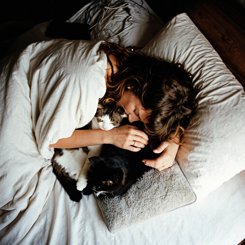 analog raw candid Photograph of a woman with long, wavy brown hair lying in bed, partially covered by white, slightly wrinkled sheets. She is cuddling