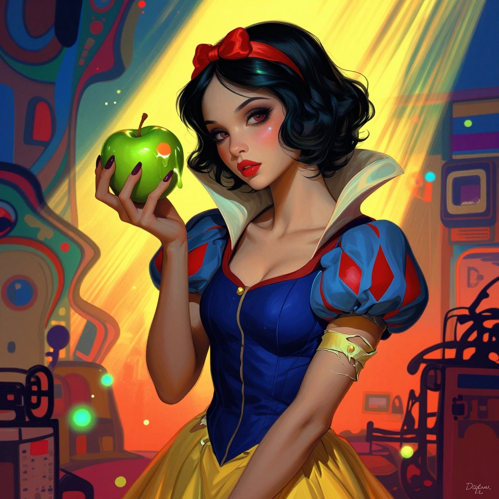 Snow White, disney 1girl, fair skin,, goth outfit, torn revealing clothes, goth makeup, looking at viewer, she is holding a green poison dripping apple