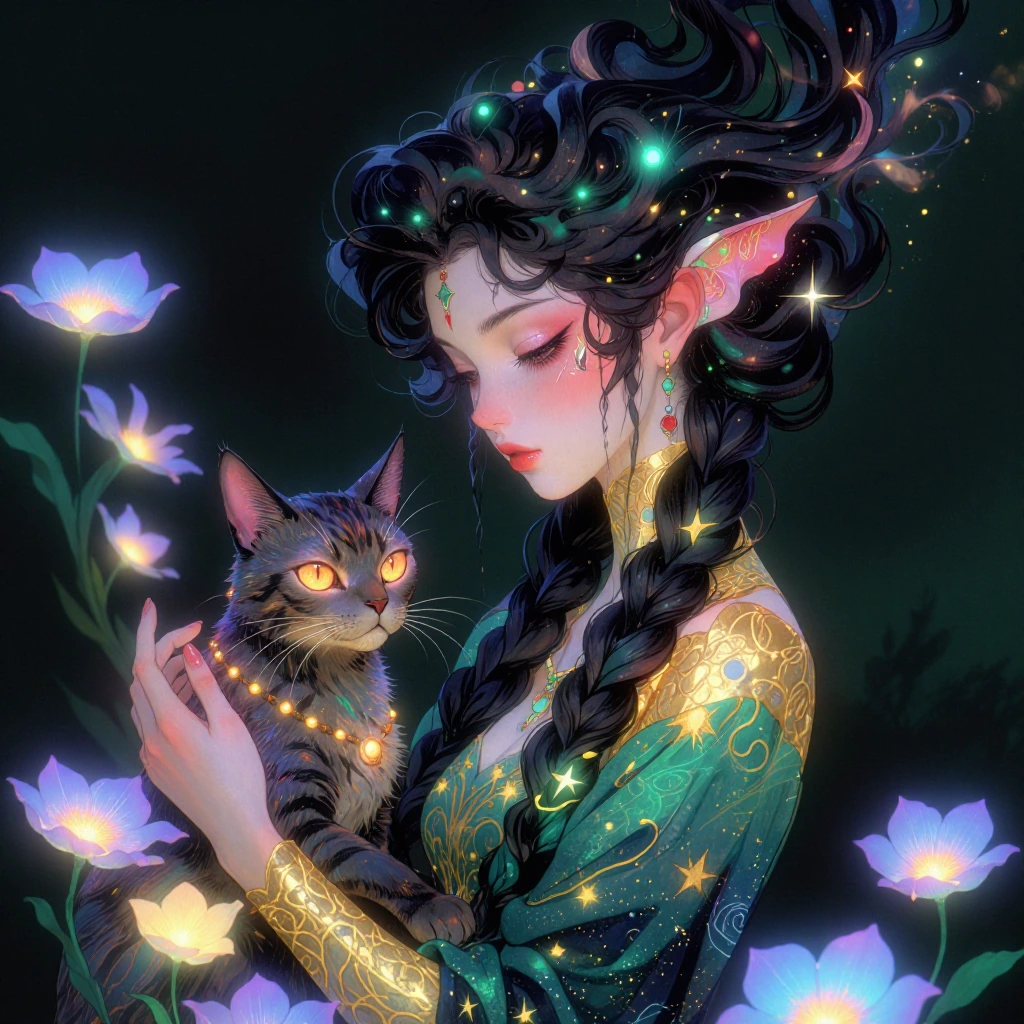 Artsy image with a beautiful woman and a cat in a dreamy forest setting with soft pastels and ethere…
