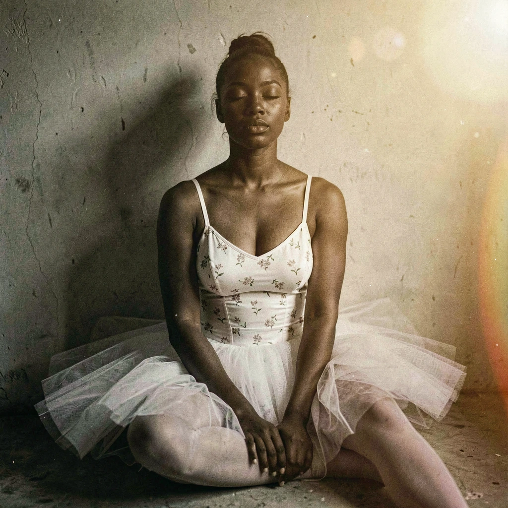 The image shows a painting of a woman in a white tutu sitting on the ground with a wall in the background. Her face is clearly visible with her eyes c