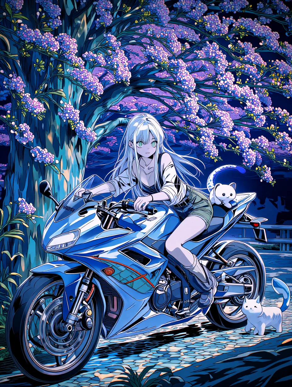 Dreamy vibes, cyberpunk, girl, motorcycle flowers neon, with a white cat with a blue tip on its tail