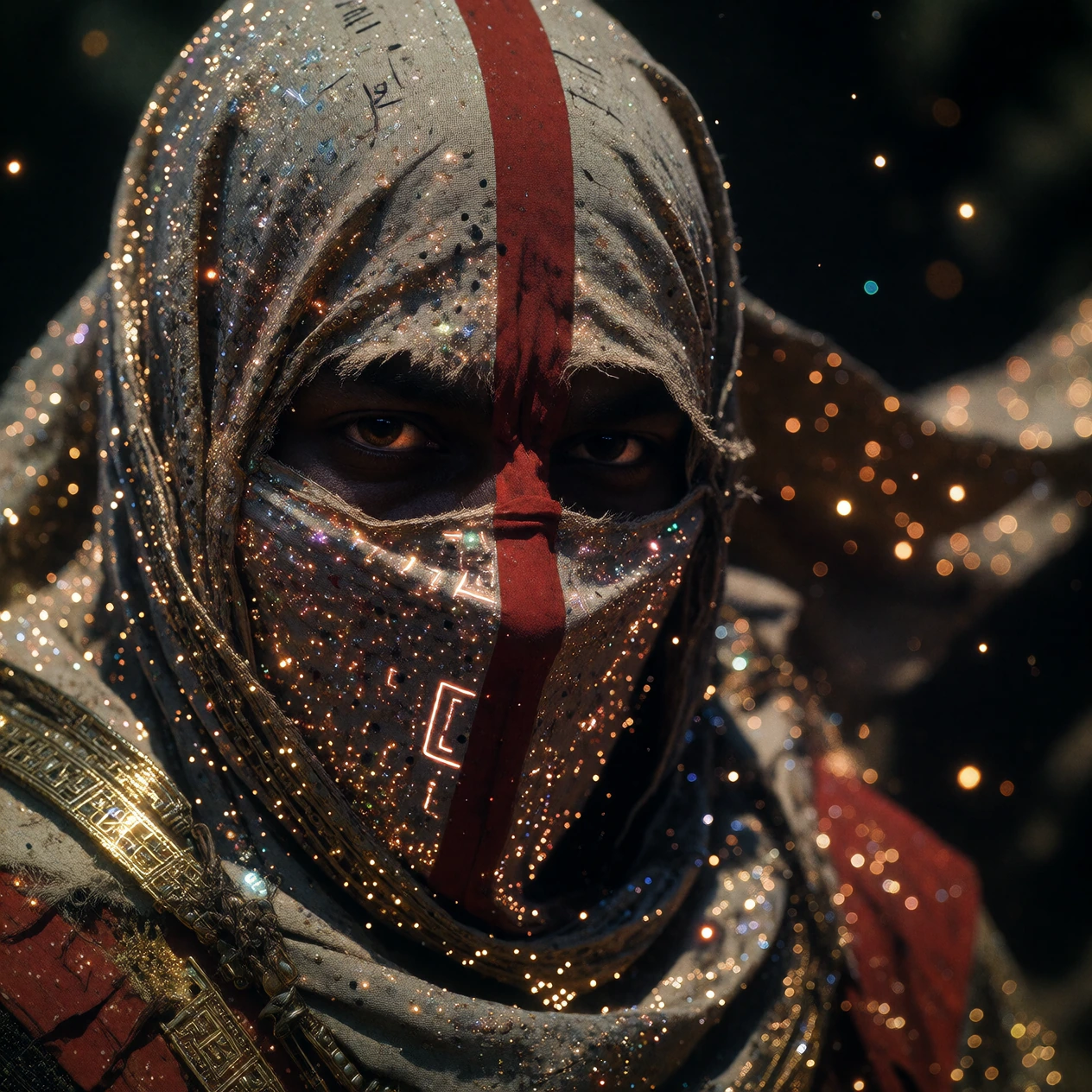 Close-up, vertical red and white running stripe, mysterious face peeking out, dark skin, wrapped in a tattered runic cloth, flowing in wind, immaculate detailed eye, Bokeh effects, high-resolution, dappled light, falling bokeh shimmer. Cinematic view