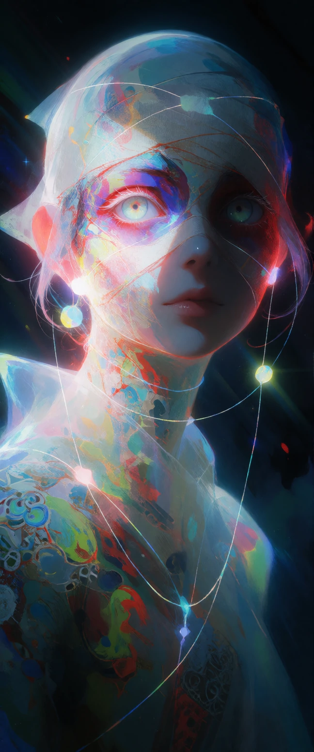 A semi-translucent, ethereal figure in a dark, surreal, dreamlike void. Details: - The figure has a hauntingly beautiful face wrapped in faint bandages that pulsate and glow. - Incorporate luminous, shimmering threads that symbolize both constraint a