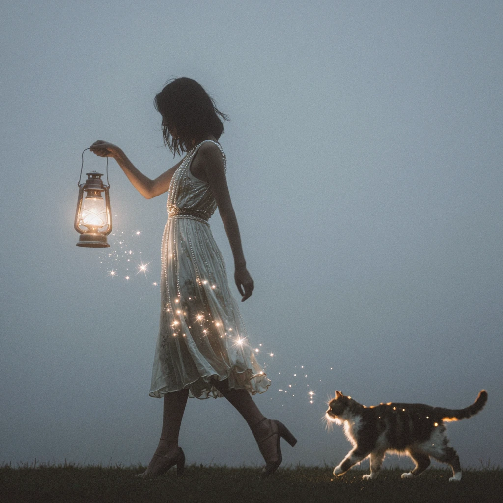 Silhouette of a graceful woman in a pearl-white dress walking through dense fog with an antique lantern, magical sparkles cascading down like starlight, a curious cat following her footsteps with glowing fur highlights.