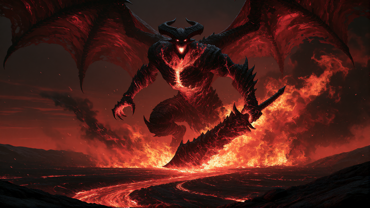 A towering heliborne demon with glowing crimson eyes and charred obsidian skin emerges from swirling flames, its clawed hands gripping a jagged molten