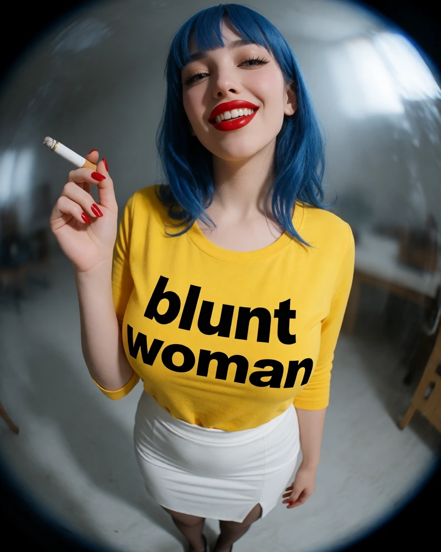 A woman with blue hear holding a blunt in her hand, the woman is wearing a white skirt and a yellow shirt, « blunt woman » written on the shirt, she has an evil grin on her face expression, her mouth is extremely red colored with red gloss, realistic