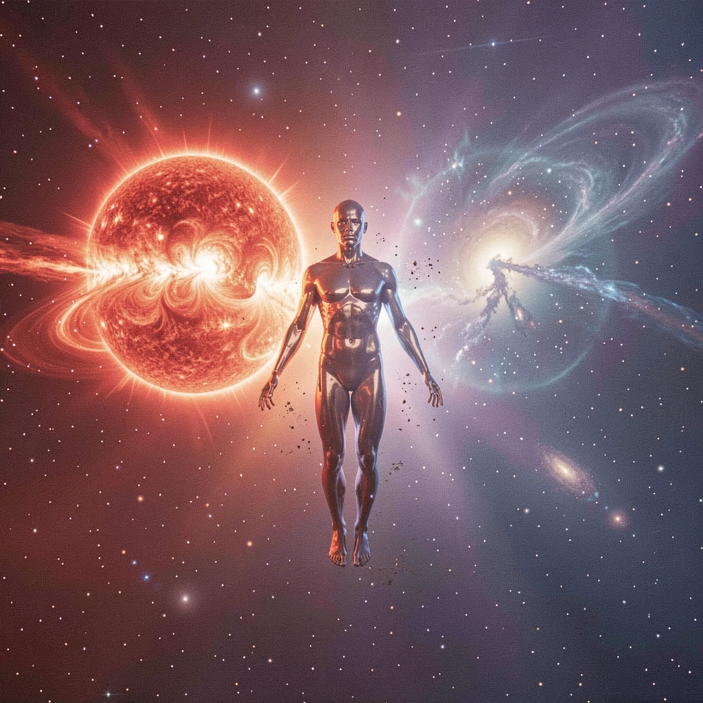 A solitary human figure floating weightlessly in the cosmic void, suspended perfectly between the brilliant death throes of collapsing red giant stars