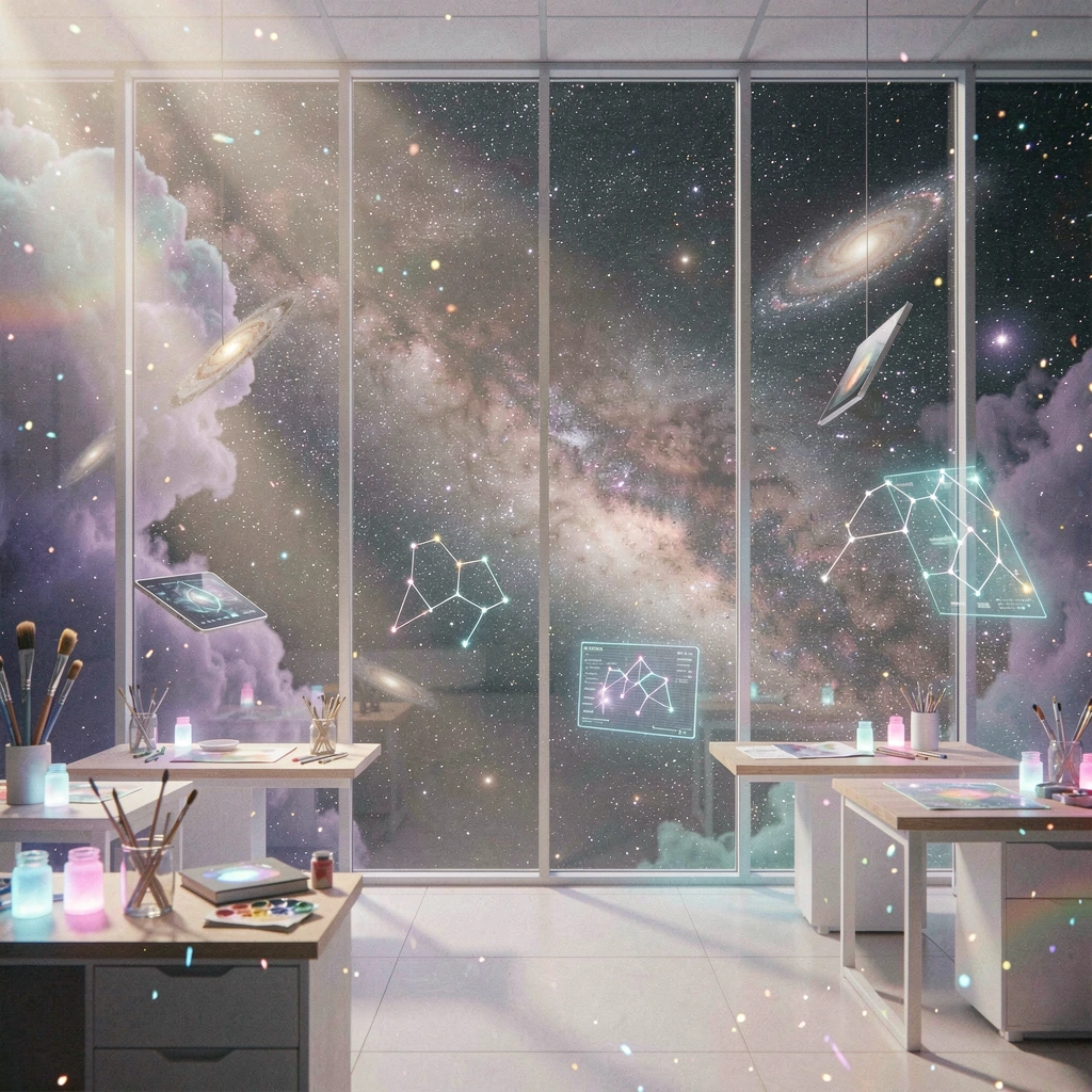 A surreal digital artist's studio suspended in the vast expanse of deep space, transparent glass walls revealing infinite cosmic darkness beyond, floating workstations and holographic canvases drift weightlessly, living constellations of stars slowly