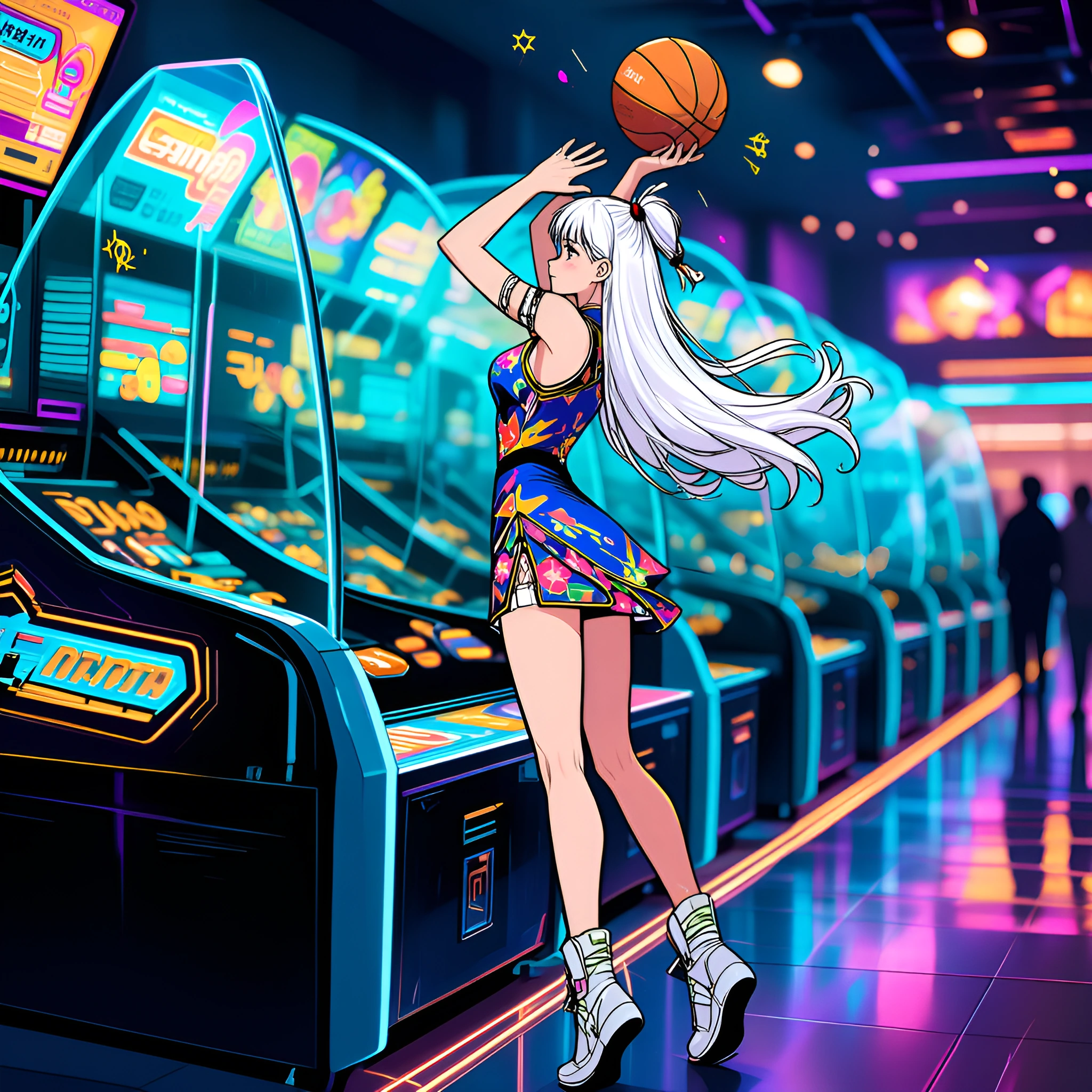 basketball machine, holding basketball, glass wall, arcade, indoors, 1girl, solo, arched back, ass, young, beautiful, looking away, side view, closed 