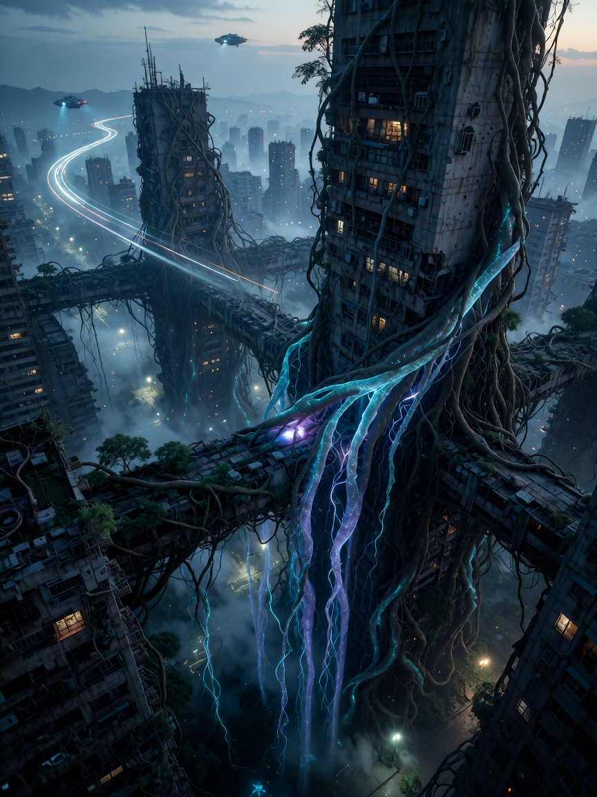 Photoreal aerial cinematography, NOT illustration, NOT matte painting. Slow descending drone shot over a partially abandoned mega-city block at blue h