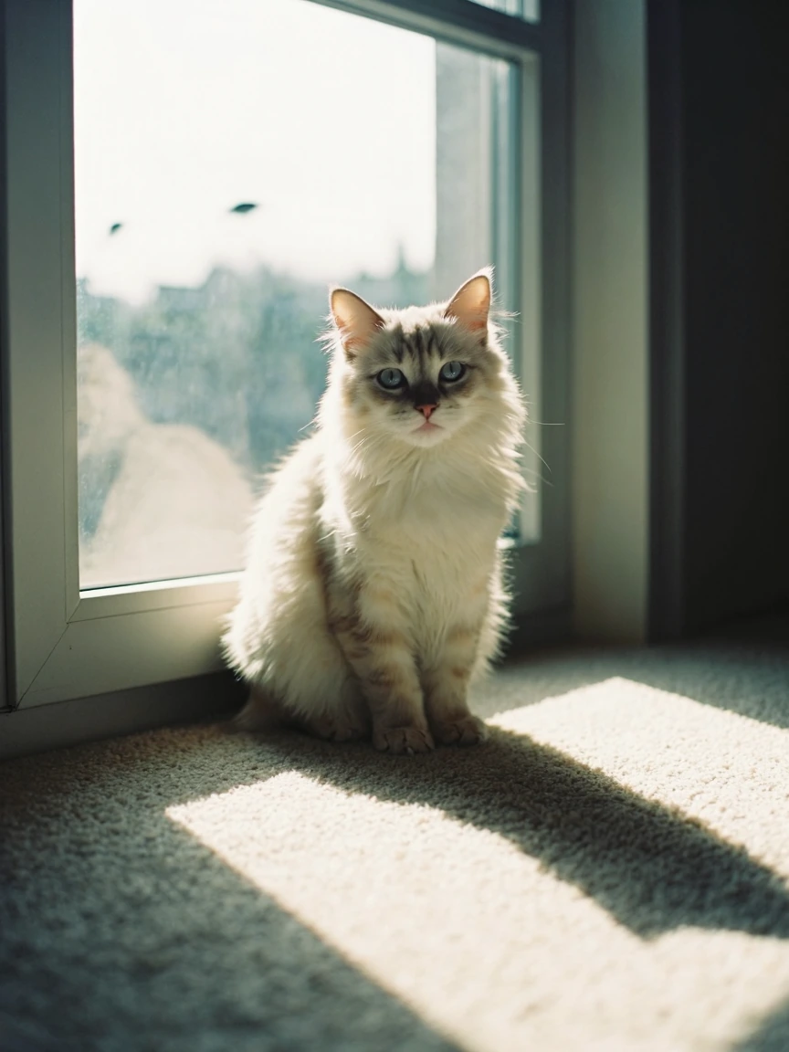 Fluffy kitten sitting on a sunlit windowsill in soft afternoon light, shot on expired Kodak Instamatic film with washed-out color palette and slight vignetting, blurred birds visible outside the window pane, natural grain and color shift typical of 1