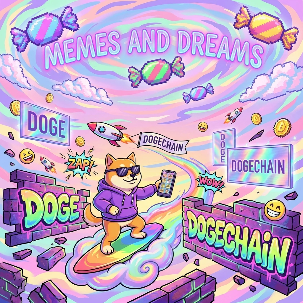 A vibrant, funny, meme-style dream world illustrating the slogan “MEMES AND DREAMS” floating in the sky as glowing candy-like clouds. In the scene, th