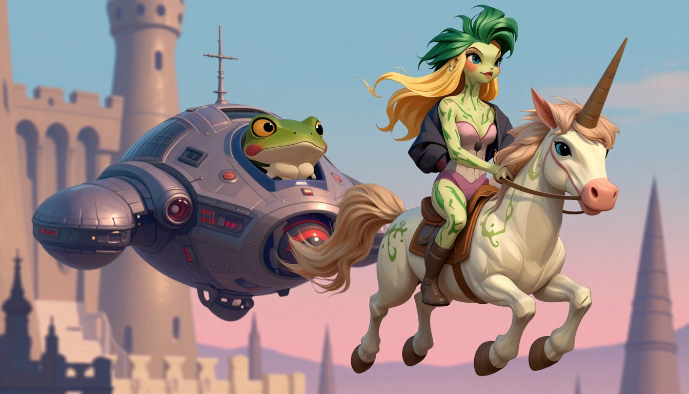 Disney Cartoon realistic style, Green Haired, Alabaster Skinned Frog- Human Hybrid Aliens fly a hostile Warship over an ancient Castle City, A Beautiful Blonde Princess with green veins visible upon her skin and her dashing thief boyfriend fly on a r