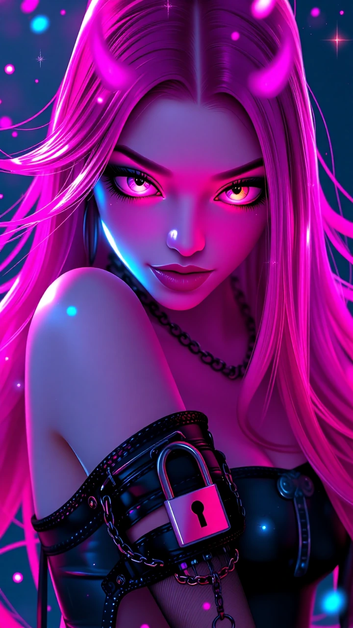 "masterpiece, best quality, ultra-detailed 8k anime illustration, ethereal fantasy style. pink venom, close-up portrait with dramatic lighting. long smooth straight pink hair blown by wind, bright pink-violet eyes with playful smirk and visible snake