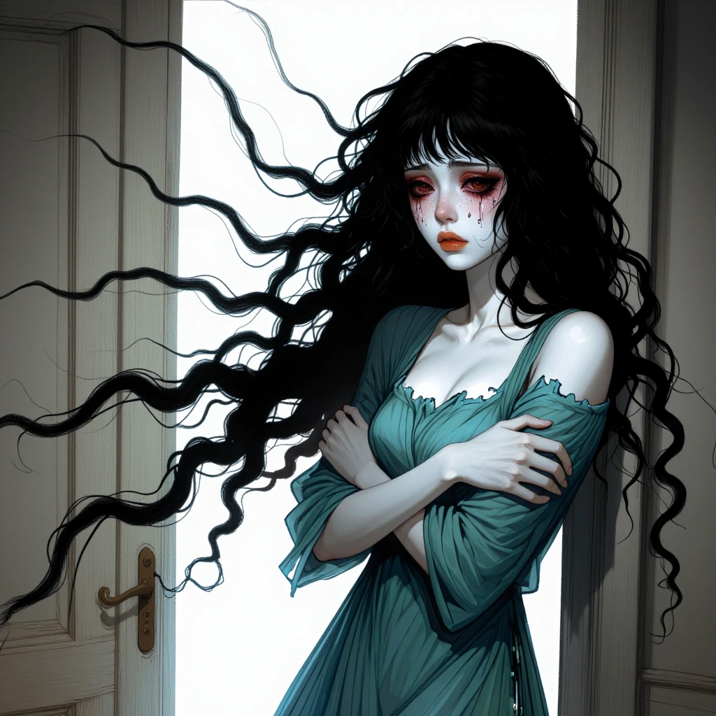 InSketV2 art style. In this hauntingly evocative cinematic frame, a young woman with cascading obsidian-black curlsâeach strand rendered like liquid shadow caught mid-motionâleans against an aged, pale wooden doorframe, her body half-concealed by