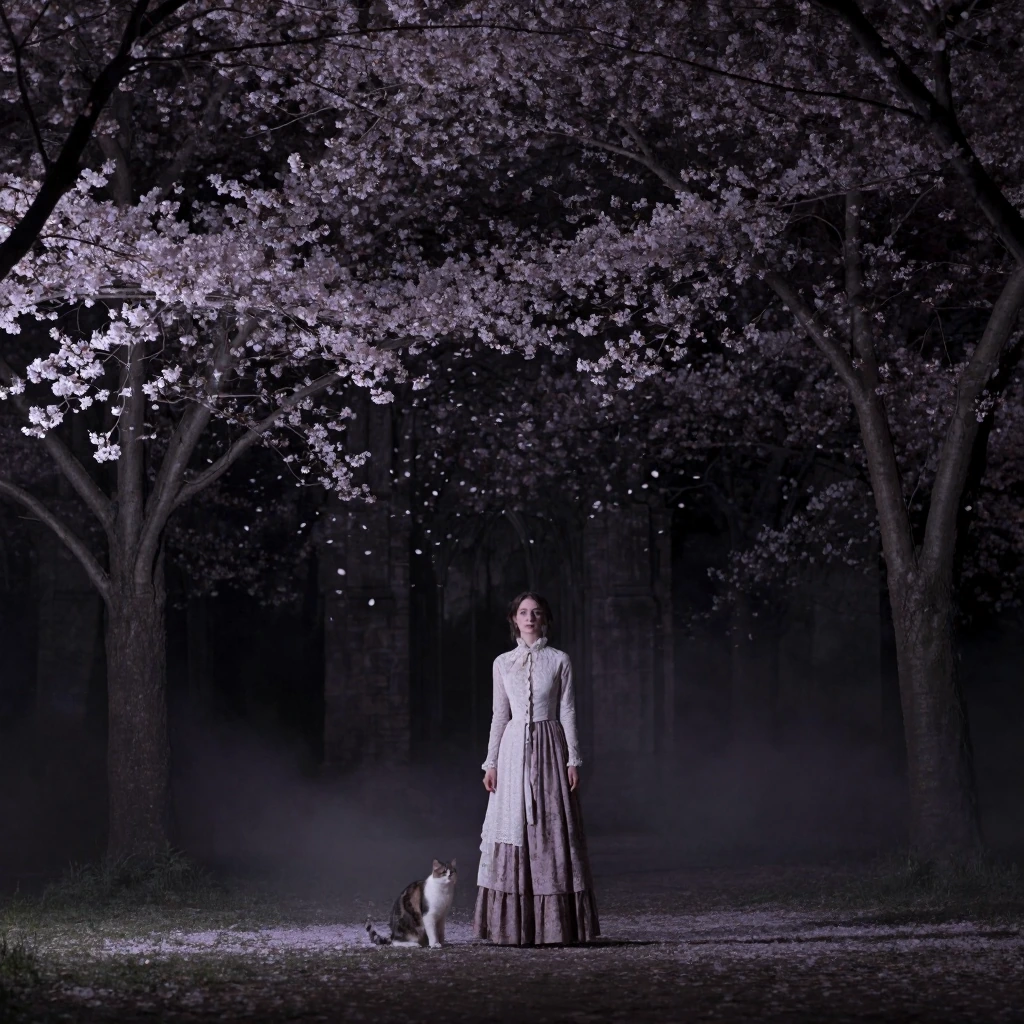 A woman and a cat in a gothic atmosphere surrounded by falling cherry blossoms, dark moody lighting with soft pink and white petals contrasting against deep shadows, gothic architecture in background, melancholic yet beautiful mood, delicate cherry b