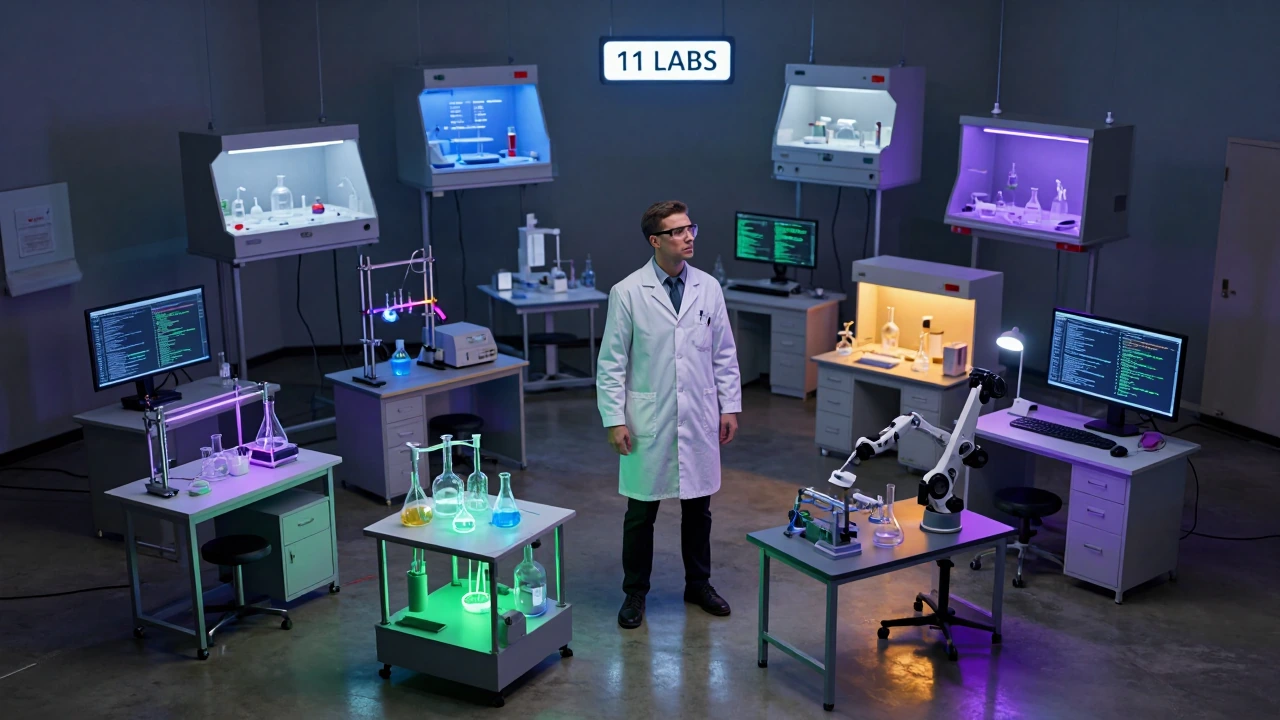 Show a scientist in a crisp white lab coat and protective goggles standing at the center of a visually striking composite environment that cleverly represents eleven distinct laboratory spaces within a single frame. Structure the scene as a dramatic