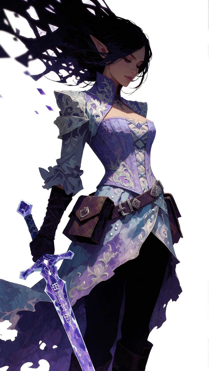 A hyper-detailed elf woman emerging. Her drifts dissolving into selective blur, while her face remains crystal clear She holds a slender sword forged