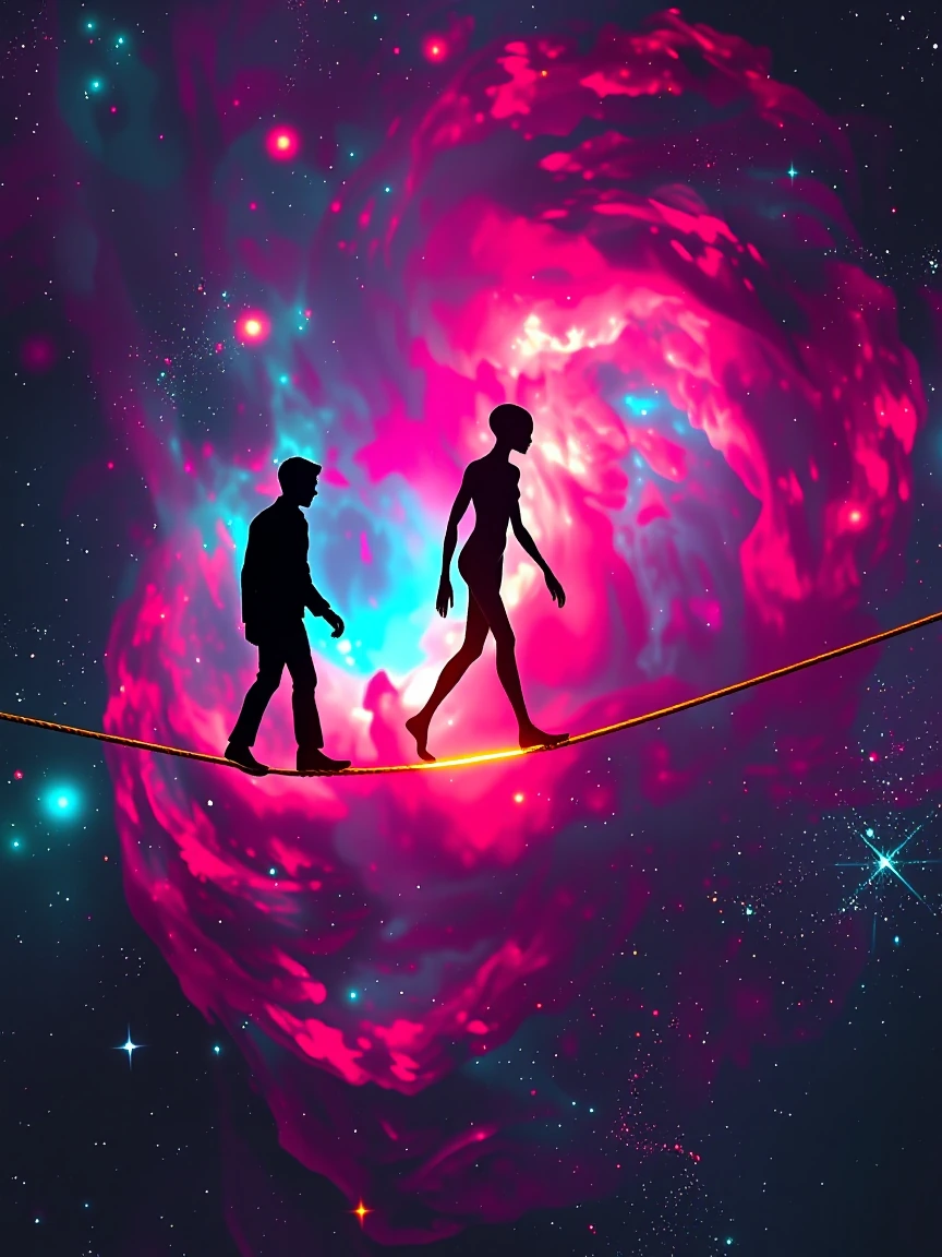 Two figures walking a tightrope of spun gold through the void of space, silhouetted against a distant nebula glowing in deep magentas and teals, one figure human and one figure distinctly alien—elongated limbs, angular geometry—both in perfect balanc