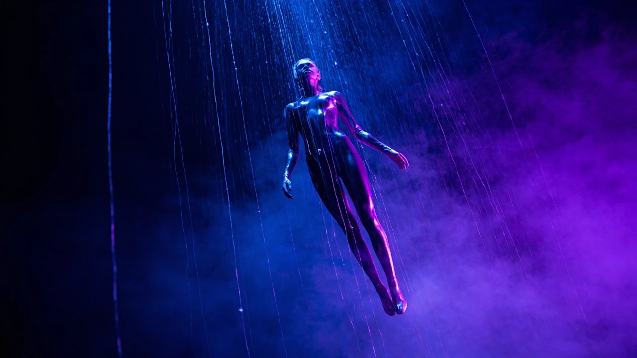 a sleek futuristic figure suspended in mid-air, surrounded by cascading light trails and neon energy streams in deep blues and purples, cinematic lighting with dramatic shadows, volumetric fog, 35mm film grain, shallow depth of field, shot from a low