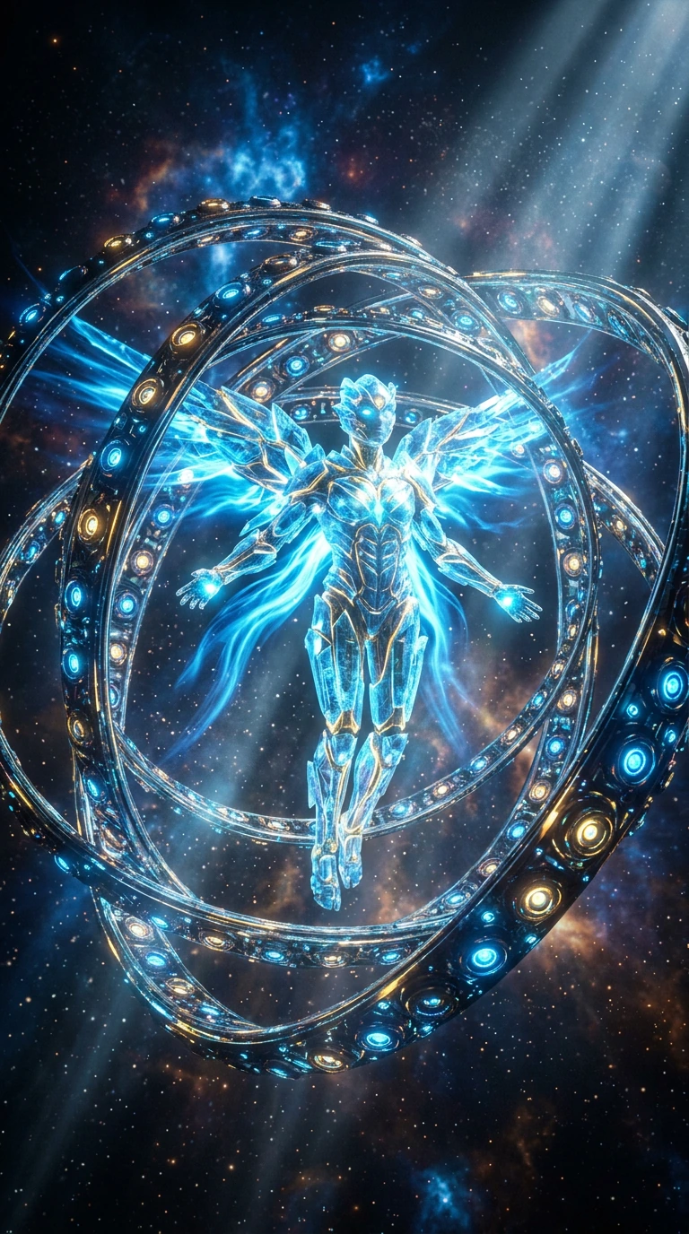 An alien "Angel," ditching feathers for bioluminescent, crystalline armor and interlocking gyroscopic rings of glowing optical sensors. High-contrast volumetric lighting piercing through atmospheric dust. The design utilizes static depth illusions an
