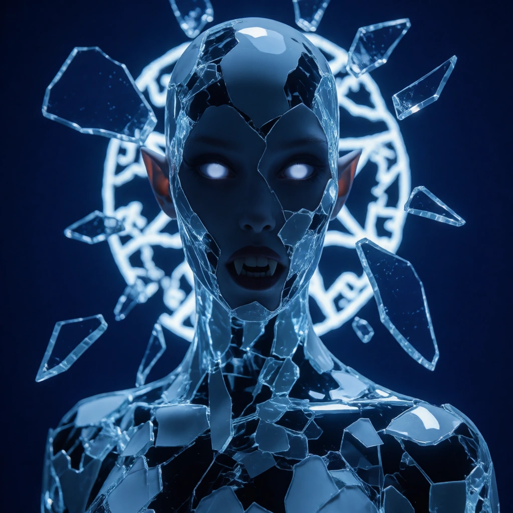 Vampire-werewolf hybrid with fractured porcelain skin revealing raw flesh beneath, luminescent blue surface with pulsing white eyes. Face mid-transformation with jutting fangs and pointed ears. Rendered as an optical illusion: use layered depth-of-fi