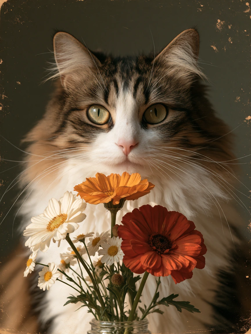 Amateur photo with imperfections, regular background, not posed, Fluffy cat smelling fall flowers