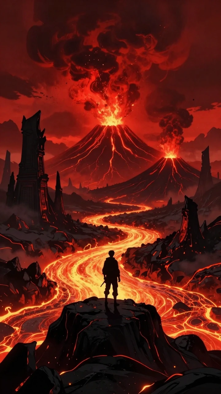 Cinematic anime fantasy landscape: a lone traveler in silhouette stands on obsidian rock overlooking a volcanic hellscape—rivers of molten lava carve 