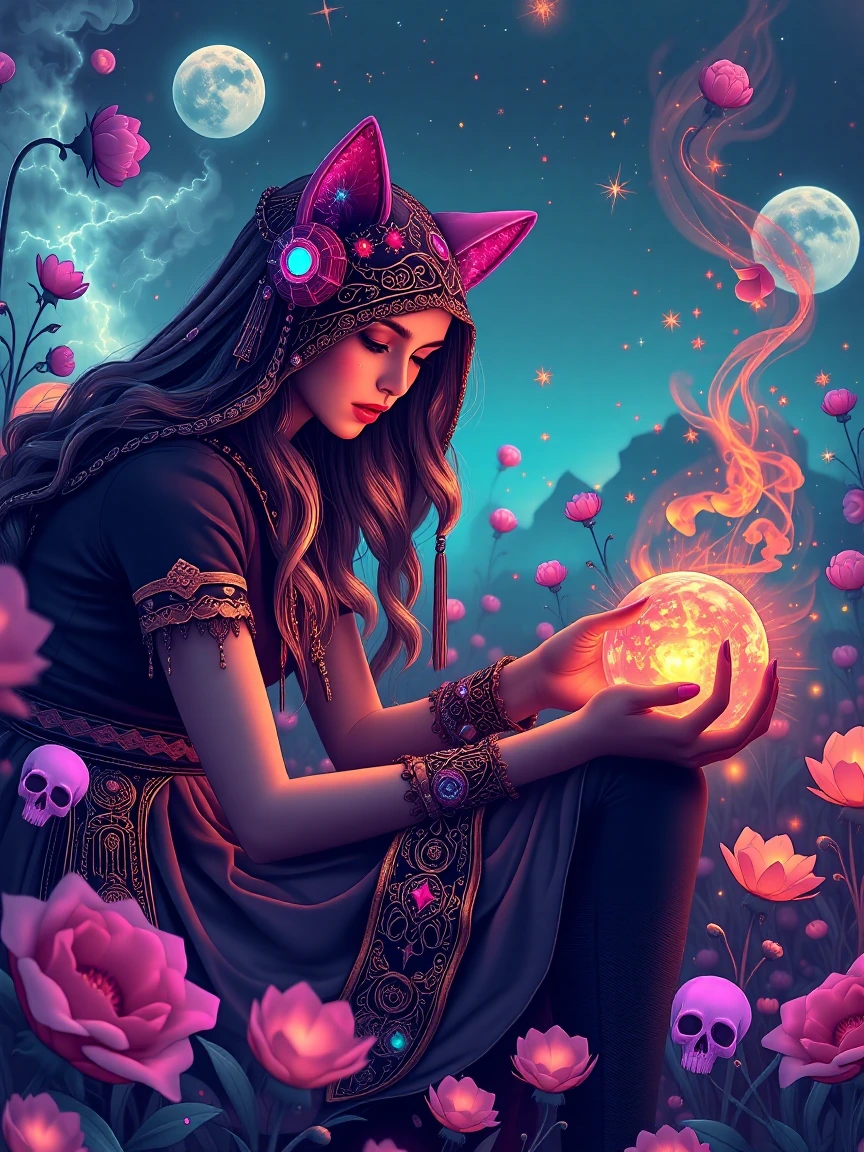 Beautiful woman gardener of dead stars. Add a cat.